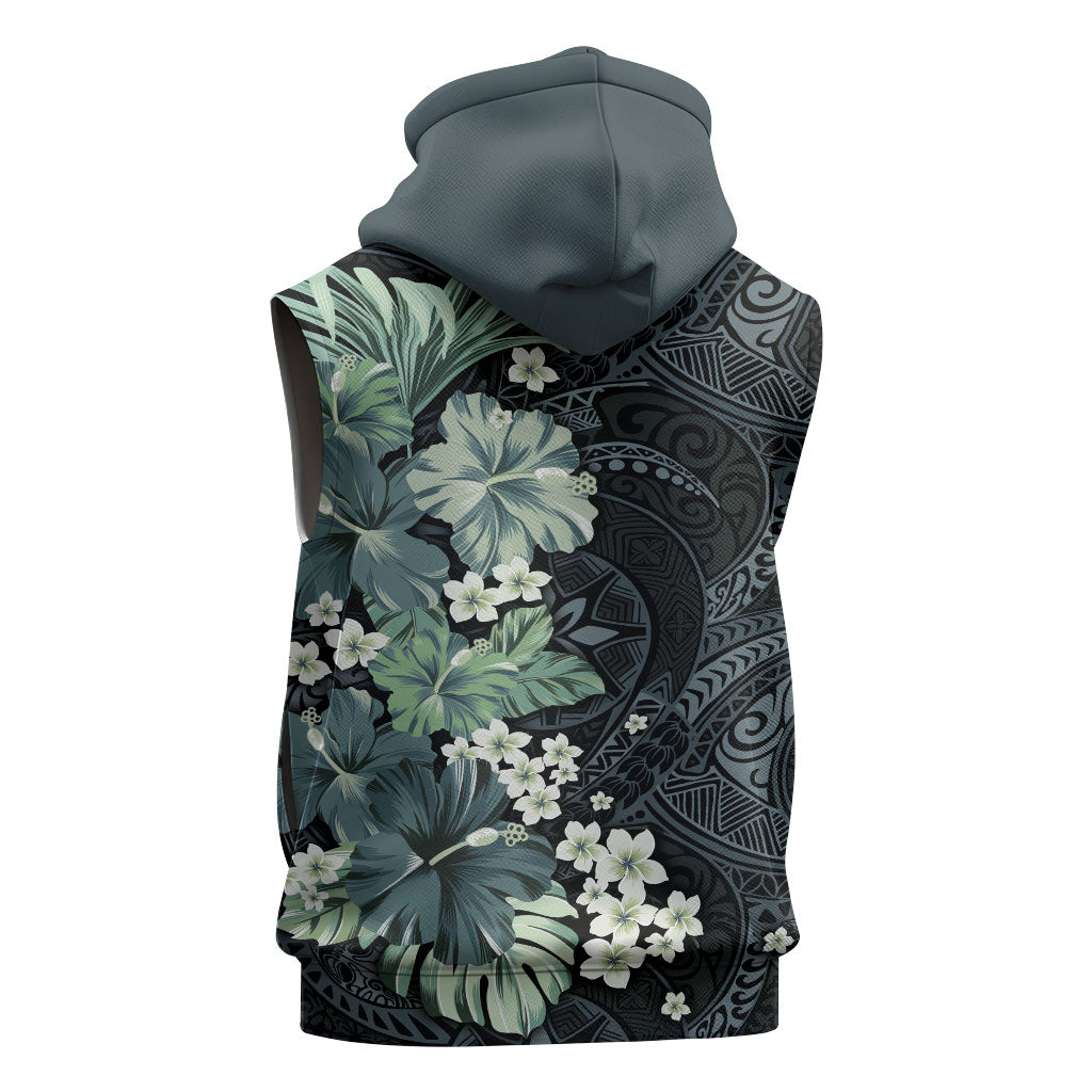 Pauliuli Hawai'i Hibiscus Sleeveless Hoodie Polynesian Tribal Tattoo Pattern Floral Elements