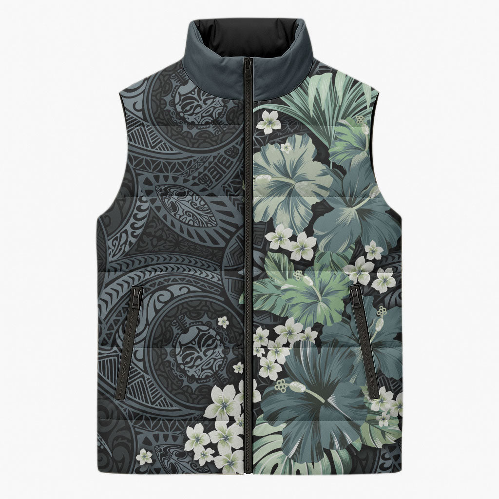 Pauliuli Hawai'i Hibiscus Sleeveless Puffer Jacket Polynesian Tribal Tattoo Pattern Floral Elements