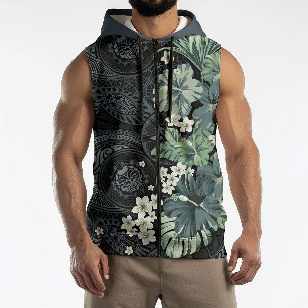 Pauliuli Hawai'i Hibiscus Sleeveless Zip Hoodie Polynesian Tribal Tattoo Pattern Floral Elements