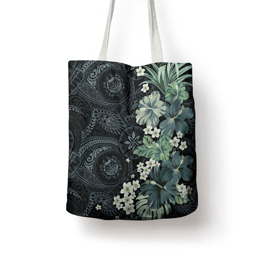 Pauliuli Hawai'i Hibiscus Tote Bag Polynesian Tribal Tattoo Pattern Floral Elements