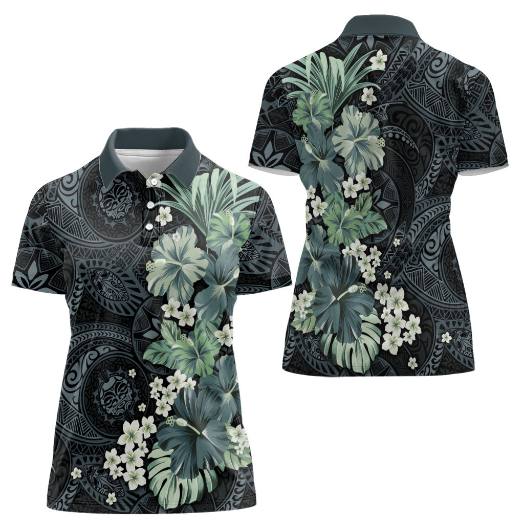 Pauliuli Hawai'i Hibiscus Women Polo Shirt Polynesian Tribal Tattoo Pattern Floral Elements