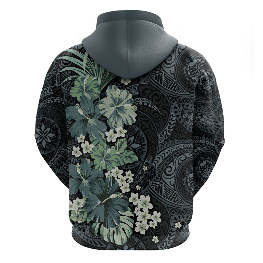 Pauliuli Hawai'i Hibiscus Zip Hoodie Polynesian Tribal Tattoo Pattern Floral Elements