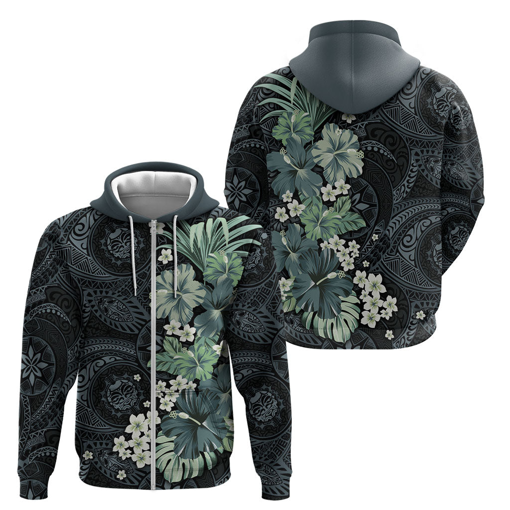 Pauliuli Hawai'i Hibiscus Zip Hoodie Polynesian Tribal Tattoo Pattern Floral Elements