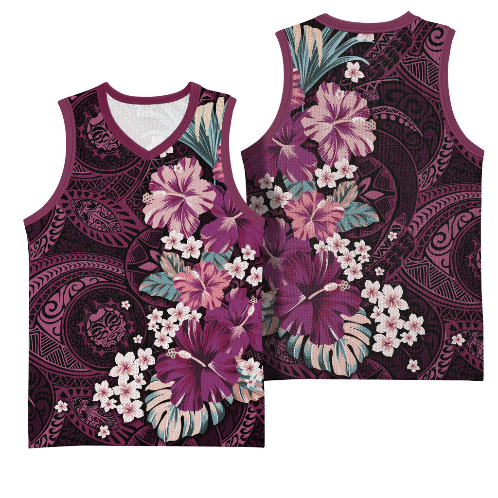 Poni Mama Hawai'i Hibiscus Basketball Jersey Polynesian Tribal Tattoo Pattern Floral Elements