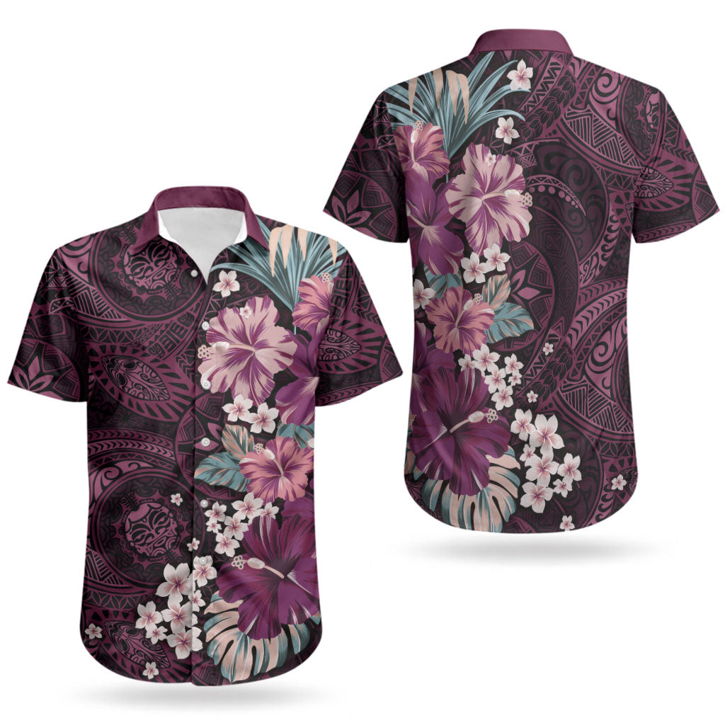 Poni Mama Hawai'i Hibiscus Couples Matching Long Sleeve Bodycon Dress and Hawaiian Shirt Polynesian Tribal Tattoo Pattern Floral Elements