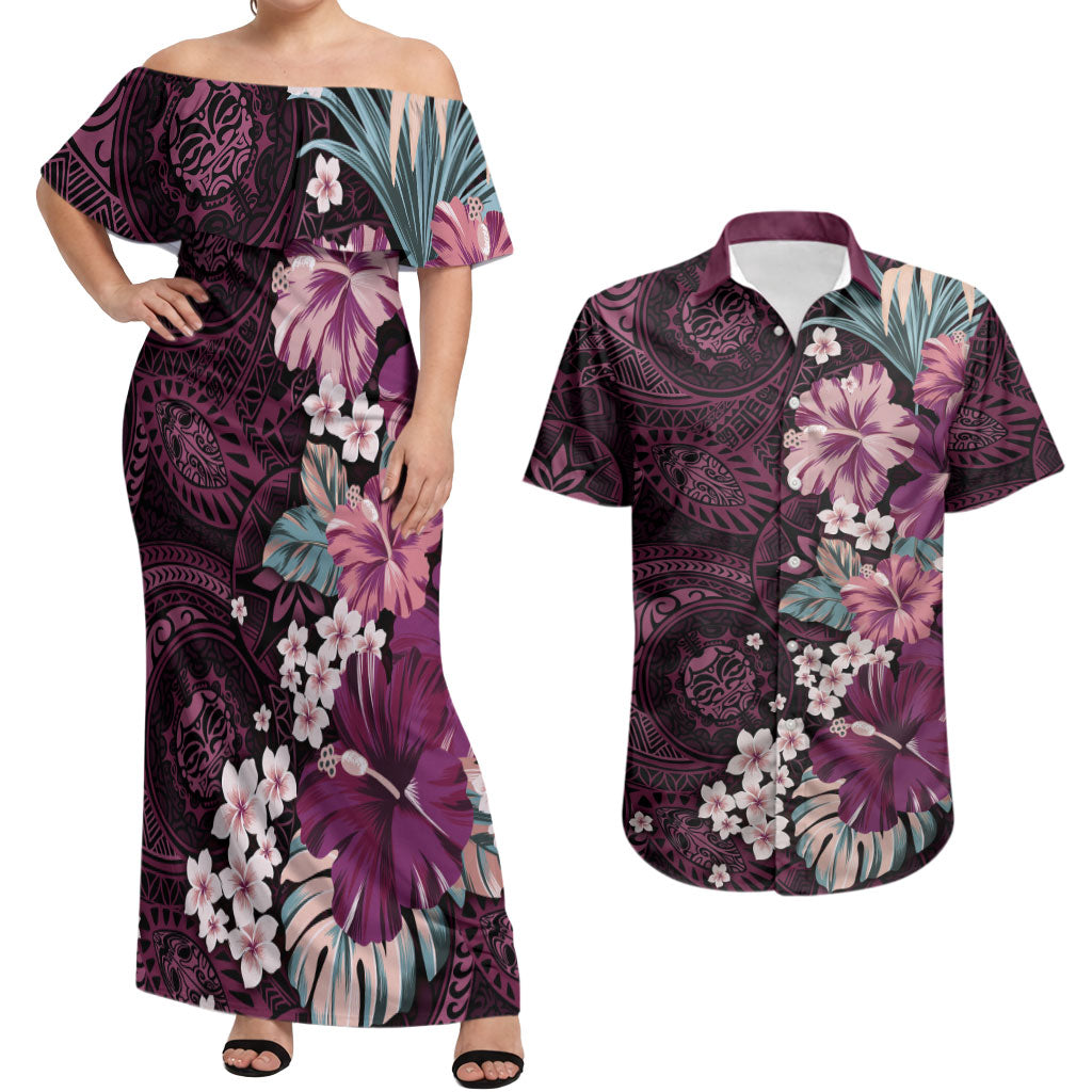 Poni Mama Hawai'i Hibiscus Couples Matching Off Shoulder Maxi Dress and Hawaiian Shirt Polynesian Tribal Tattoo Pattern Floral Elements