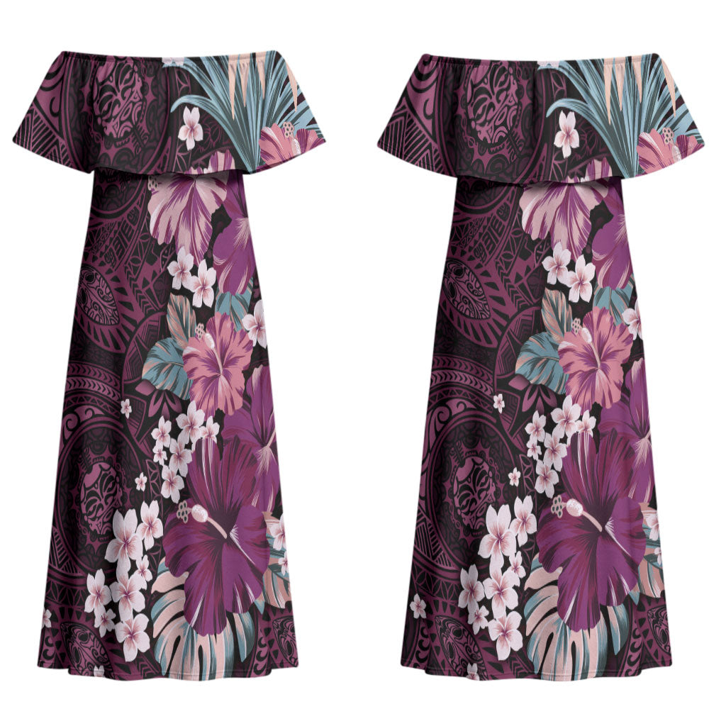 Poni Mama Hawai'i Hibiscus Couples Matching Off Shoulder Maxi Dress and Long Sleeve Button Shirt Polynesian Tribal Tattoo Pattern Floral Elements