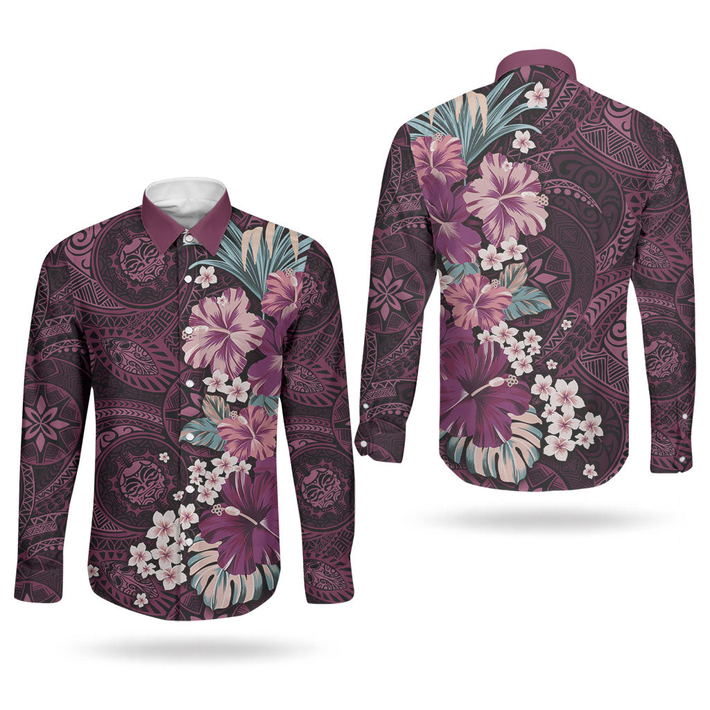Poni Mama Hawai'i Hibiscus Couples Matching Off Shoulder Short Dress and Long Sleeve Button Shirt Polynesian Tribal Tattoo Pattern Floral Elements