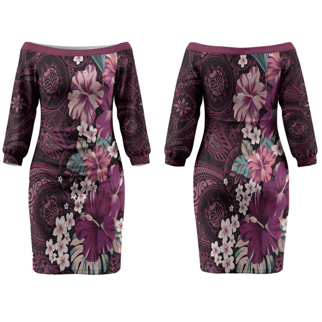 Poni Mama Hawai'i Hibiscus Couples Matching Off The Shoulder Long Sleeve Dress and Hawaiian Shirt Polynesian Tribal Tattoo Pattern Floral Elements