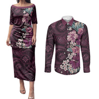 Poni Mama Hawai'i Hibiscus Couples Matching Puletasi and Long Sleeve Button Shirt Polynesian Tribal Tattoo Pattern Floral Elements