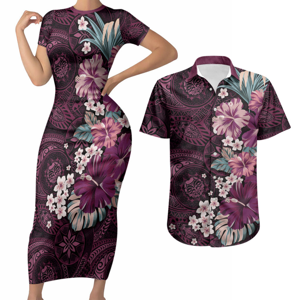 Poni Mama Hawai'i Hibiscus Couples Matching Short Sleeve Bodycon Dress and Hawaiian Shirt Polynesian Tribal Tattoo Pattern Floral Elements