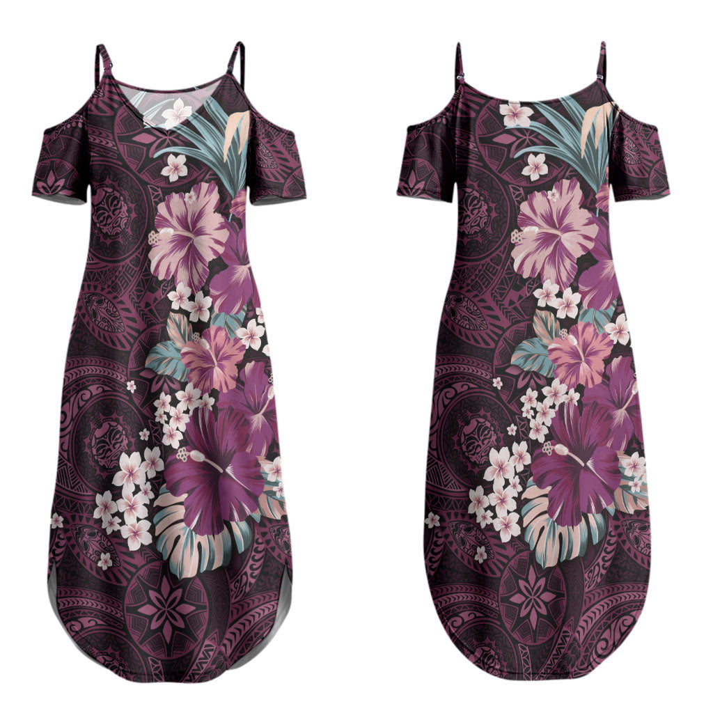 Poni Mama Hawai'i Hibiscus Couples Matching Summer Maxi Dress and Long Sleeve Button Shirt Polynesian Tribal Tattoo Pattern Floral Elements