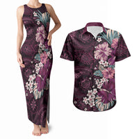 Poni Mama Hawai'i Hibiscus Couples Matching Tank Maxi Dress and Hawaiian Shirt Polynesian Tribal Tattoo Pattern Floral Elements