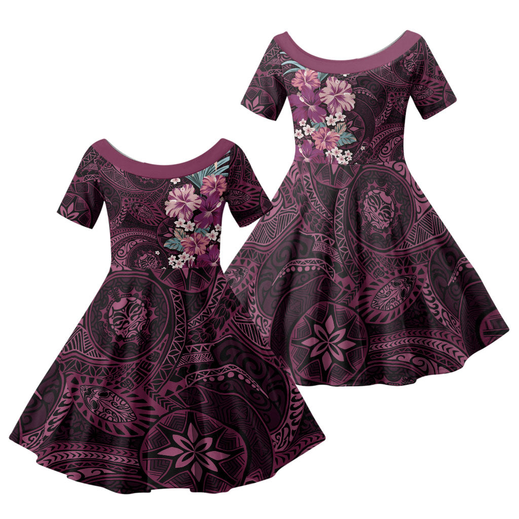 Poni Mama Hawai'i Hibiscus Family Matching Mermaid Dress and Hawaiian Shirt Polynesian Tribal Tattoo Pattern Floral Elements