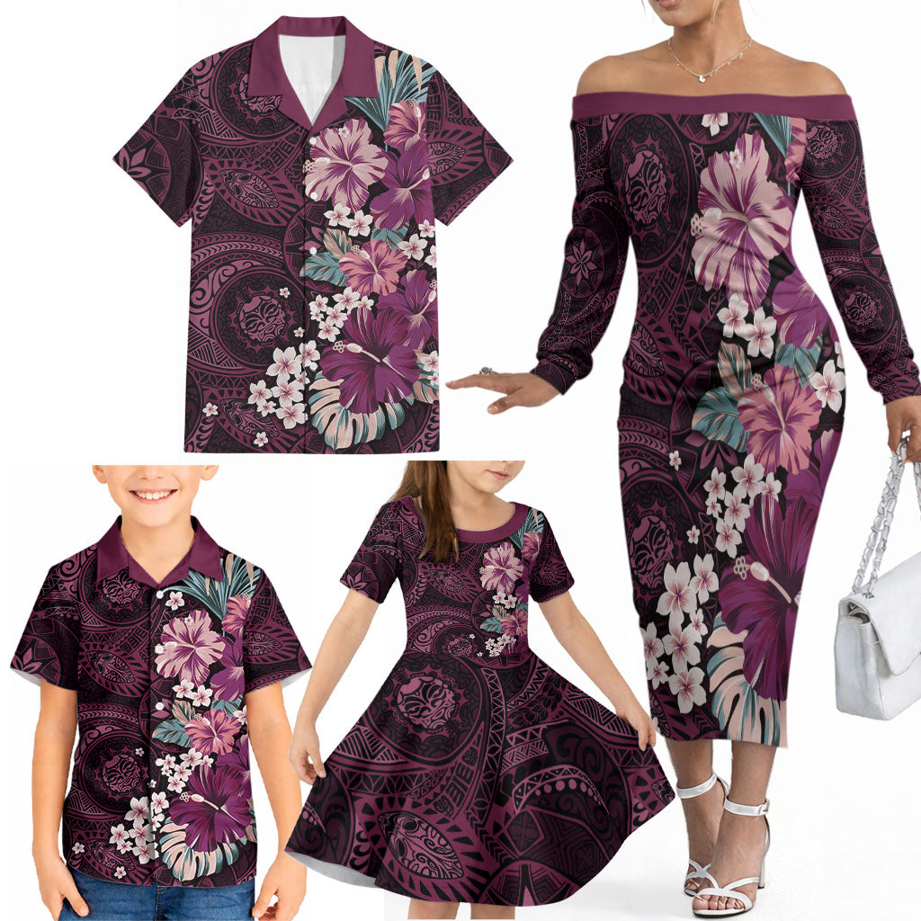 Poni Mama Hawai'i Hibiscus Family Matching Off The Shoulder Long Sleeve Dress and Hawaiian Shirt Polynesian Tribal Tattoo Pattern Floral Elements