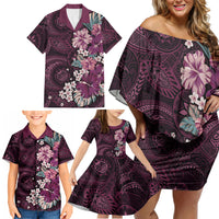 Poni Mama Hawai'i Hibiscus Family Matching Off Shoulder Short Dress and Hawaiian Shirt Polynesian Tribal Tattoo Pattern Floral Elements