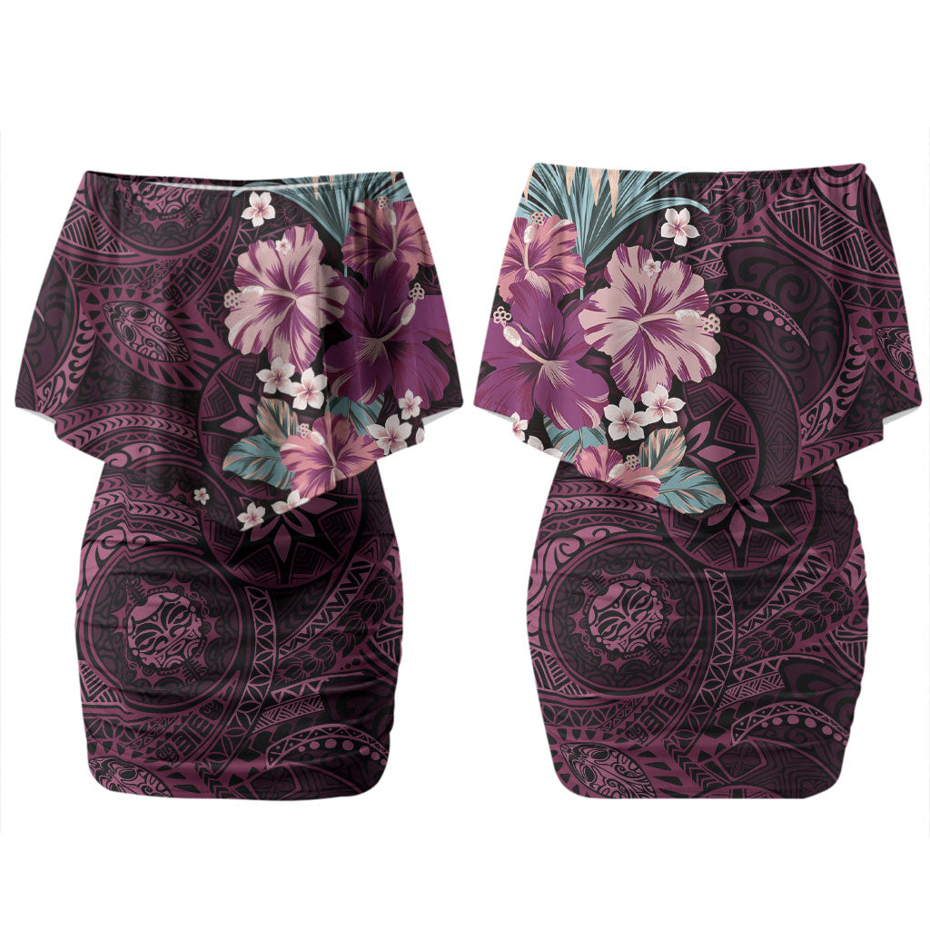 Poni Mama Hawai'i Hibiscus Family Matching Off Shoulder Short Dress and Hawaiian Shirt Polynesian Tribal Tattoo Pattern Floral Elements