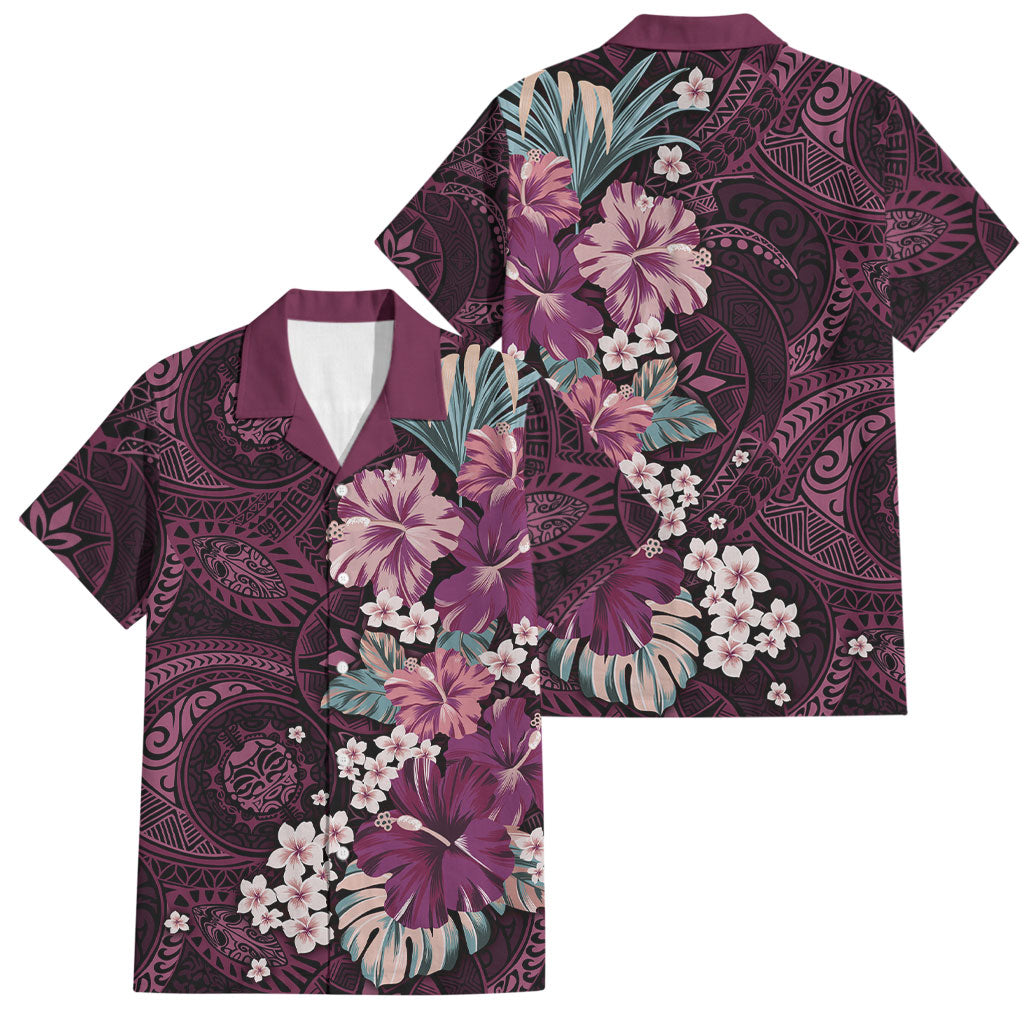 Poni Mama Hawai'i Hibiscus Family Matching Off Shoulder Short Dress and Hawaiian Shirt Polynesian Tribal Tattoo Pattern Floral Elements