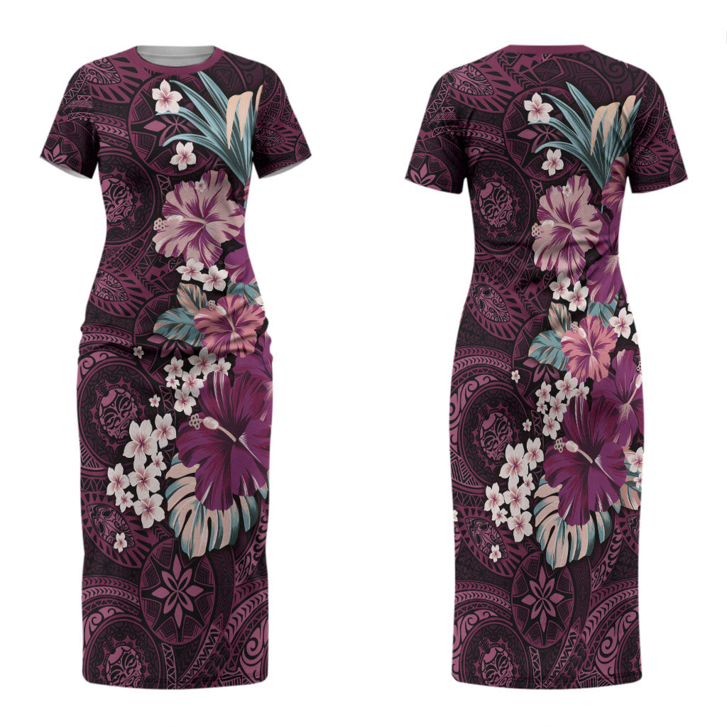 Poni Mama Hawai'i Hibiscus Family Matching Short Sleeve Bodycon Dress and Hawaiian Shirt Polynesian Tribal Tattoo Pattern Floral Elements