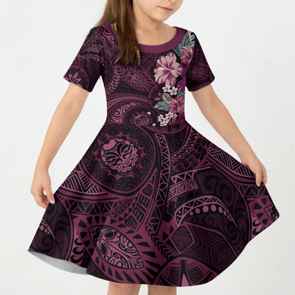 Poni Mama Hawai'i Hibiscus Kid Short Sleeve Dress Polynesian Tribal Tattoo Pattern Floral Elements