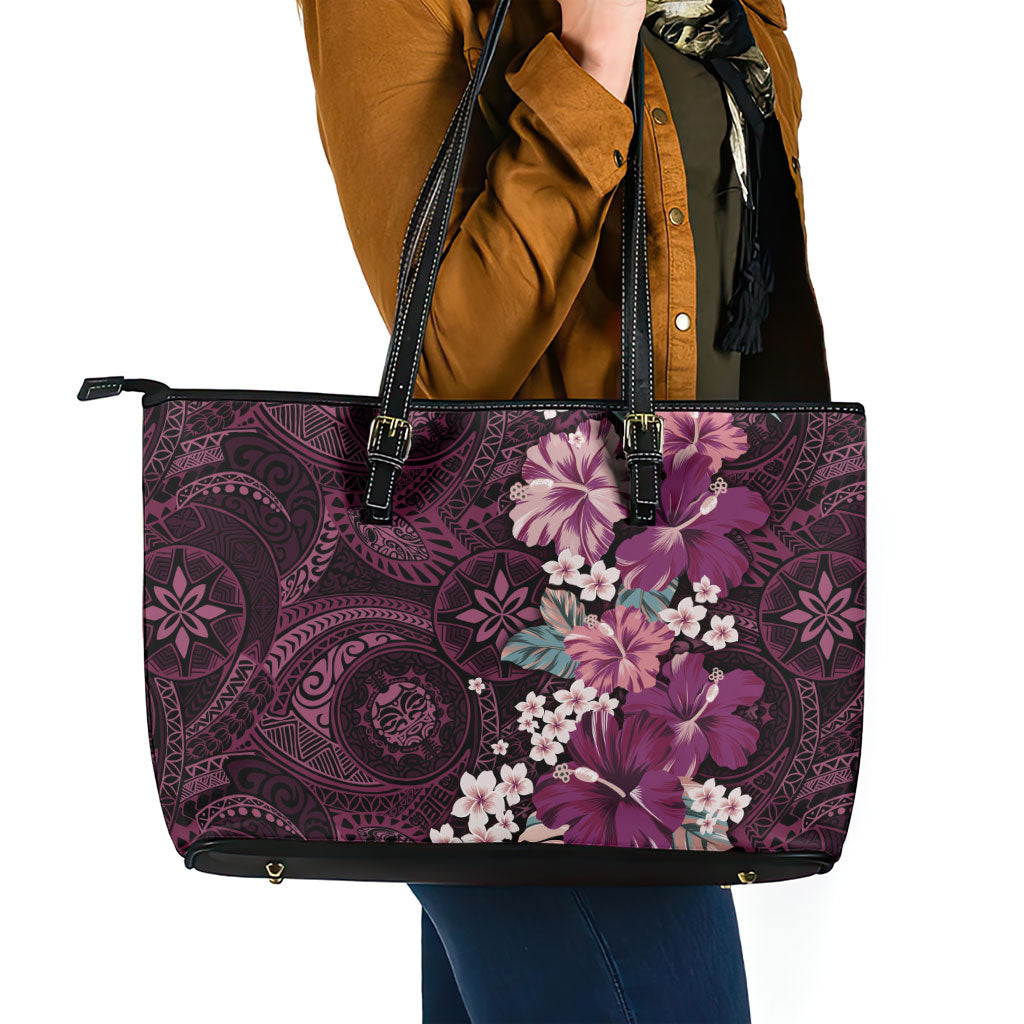 Poni Mama Hawai'i Hibiscus Leather Tote Bag Polynesian Tribal Tattoo Pattern Floral Elements