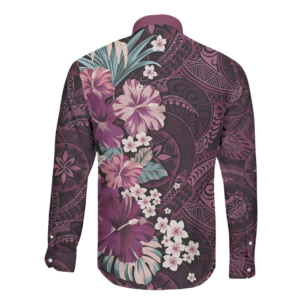 Poni Mama Hawai'i Hibiscus Long Sleeve Button Shirt Polynesian Tribal Tattoo Pattern Floral Elements