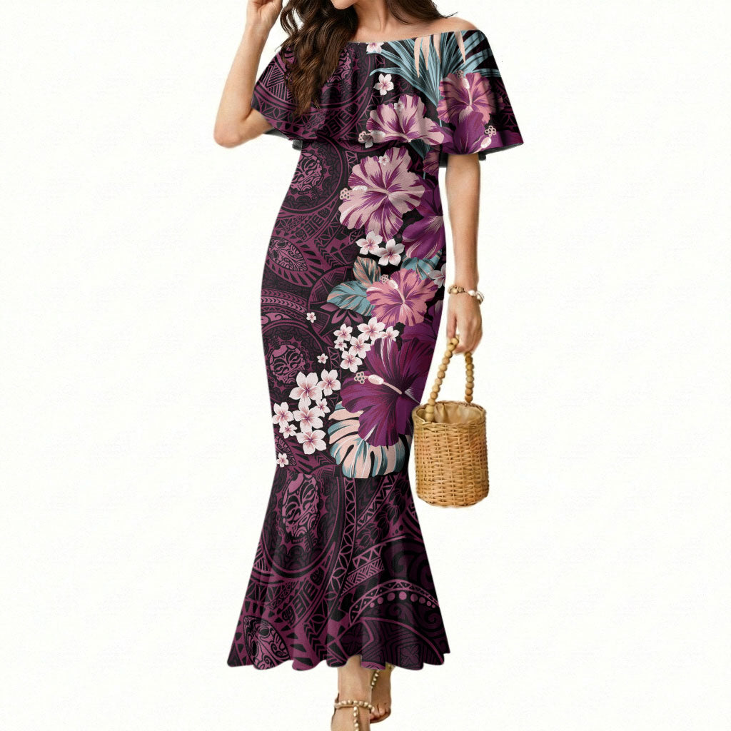Poni Mama Hawai'i Hibiscus Mermaid Dress Polynesian Tribal Tattoo Pattern Floral Elements