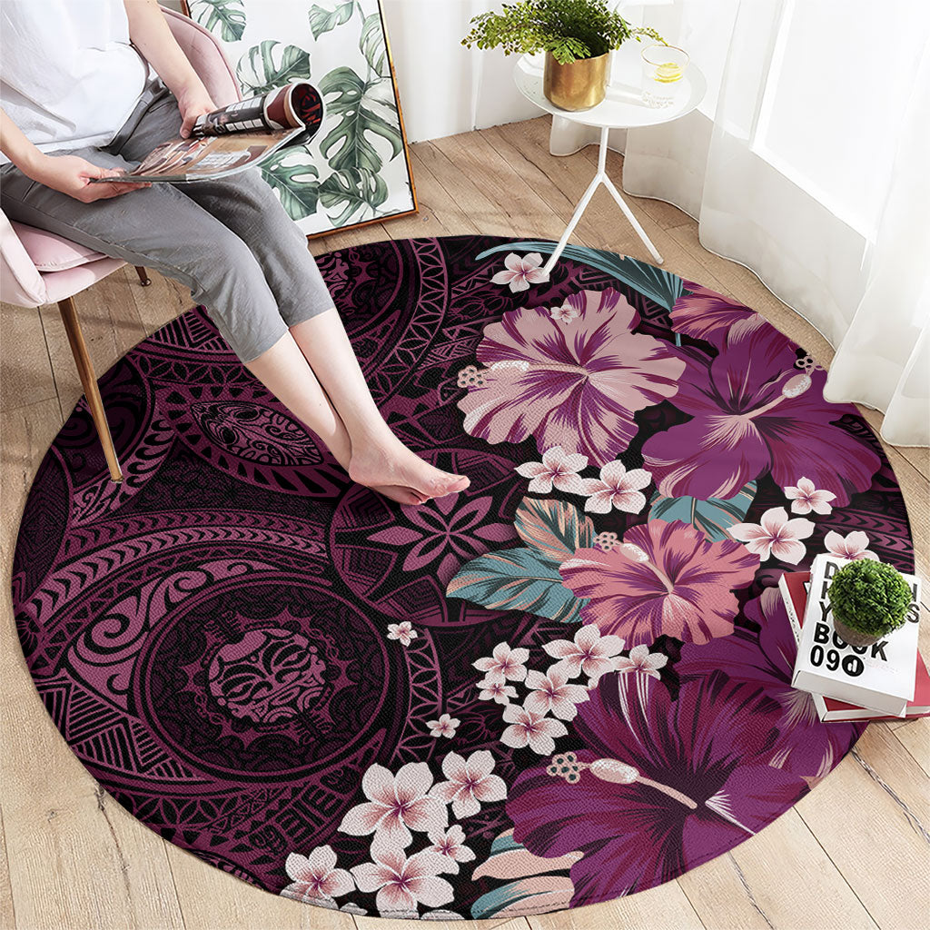 Poni Mama Hawai'i Hibiscus Round Carpet Polynesian Tribal Tattoo Pattern Floral Elements