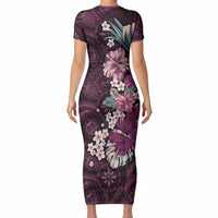 Poni Mama Hawai'i Hibiscus Short Sleeve Bodycon Dress Polynesian Tribal Tattoo Pattern Floral Elements