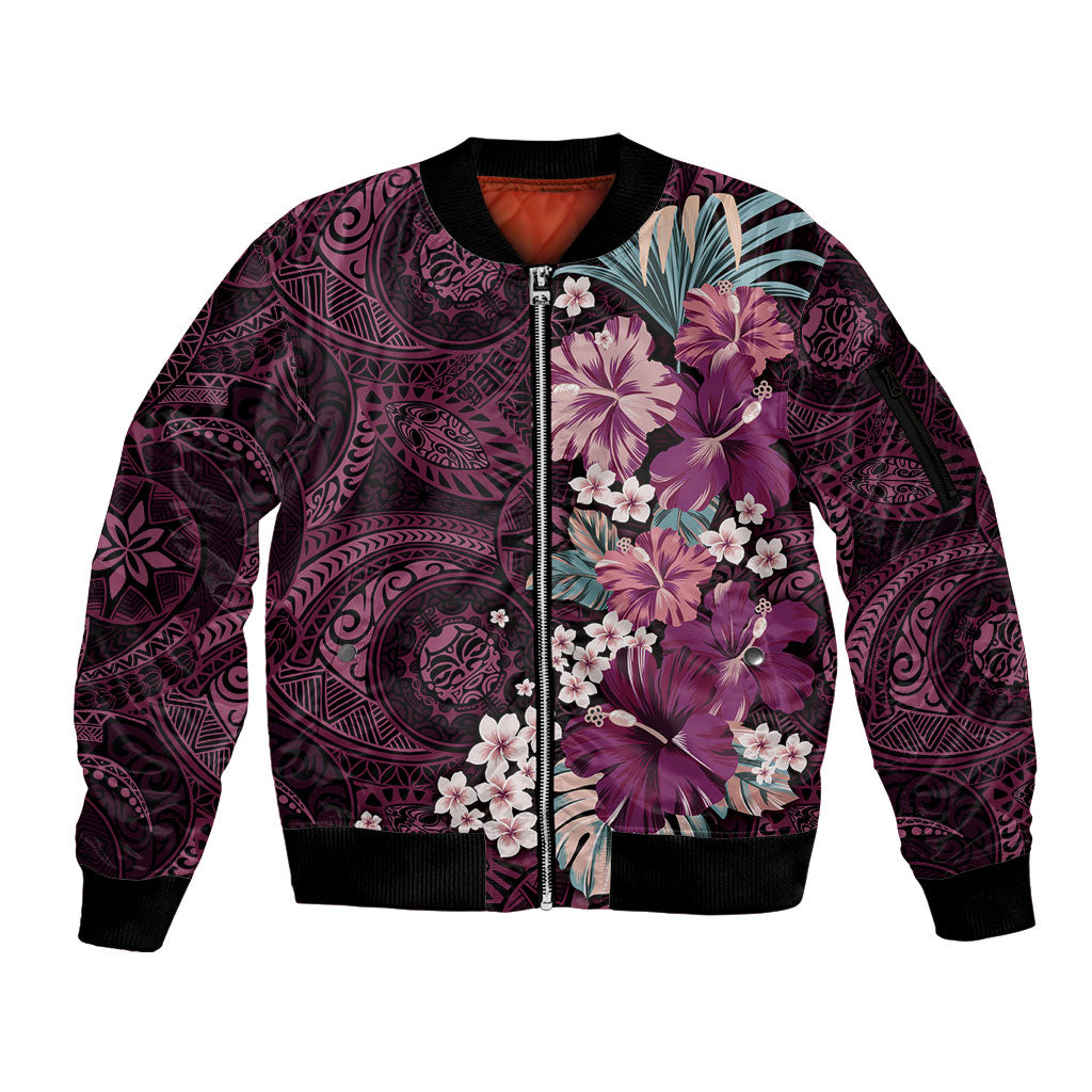 Poni Mama Hawai'i Hibiscus Sleeve Zip Bomber Jacket Polynesian Tribal Tattoo Pattern Floral Elements