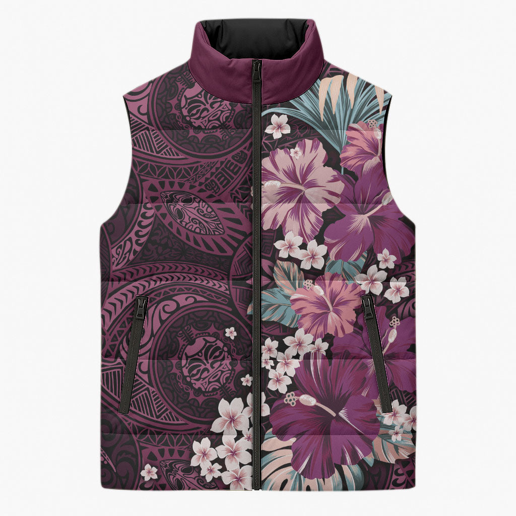 Poni Mama Hawai'i Hibiscus Sleeveless Puffer Jacket Polynesian Tribal Tattoo Pattern Floral Elements LT9 Unisex Pink - Polynesian Pride