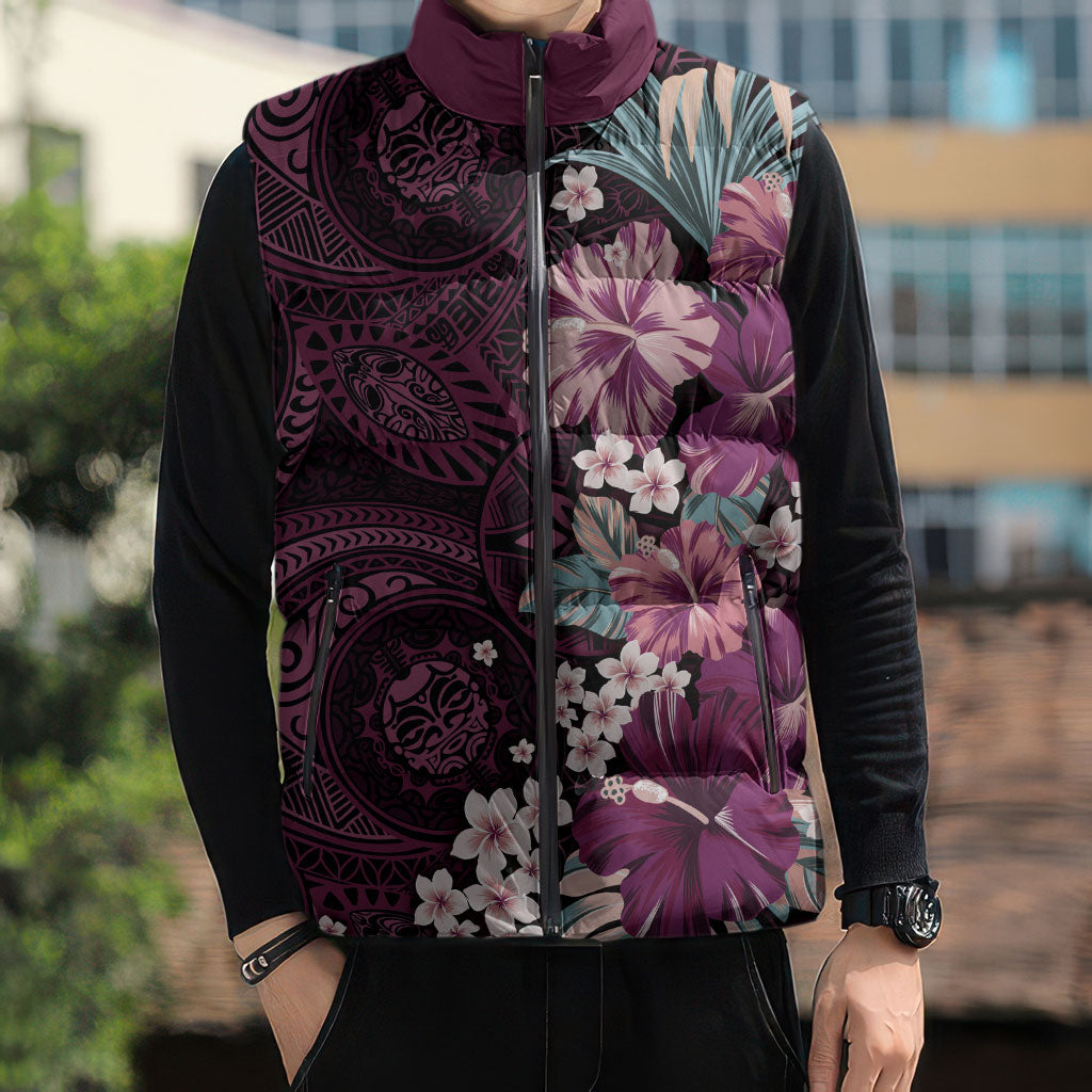 Poni Mama Hawai'i Hibiscus Sleeveless Puffer Jacket Polynesian Tribal Tattoo Pattern Floral Elements