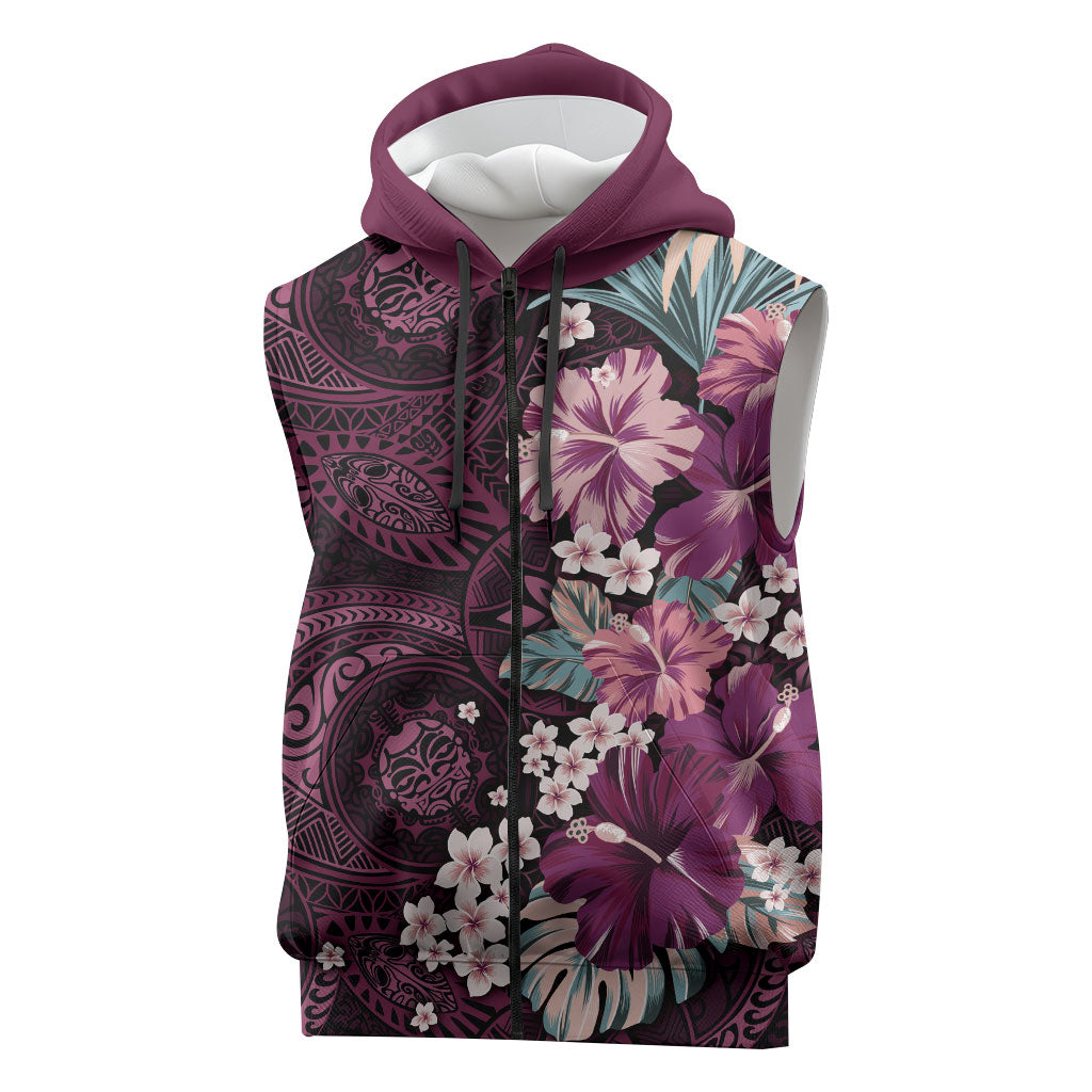 Poni Mama Hawai'i Hibiscus Sleeveless Zip Hoodie Polynesian Tribal Tattoo Pattern Floral Elements