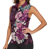 Poni Mama Hawai'i Hibiscus Women Sleeveless Polo Shirt Polynesian Tribal Tattoo Pattern Floral Elements