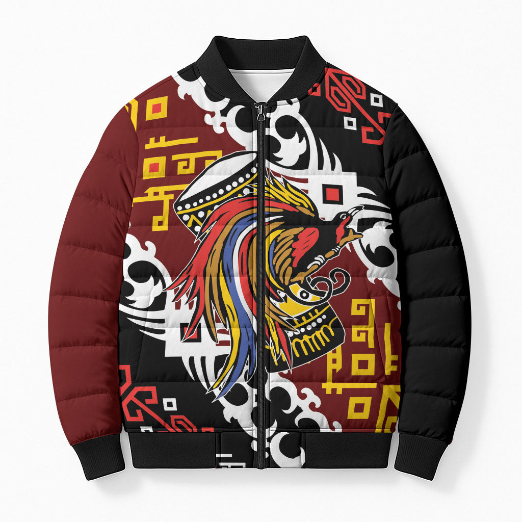 Personalised Papua New Guinea Bird Drum Bomber Puffer Jacket Papuan Batik Motif