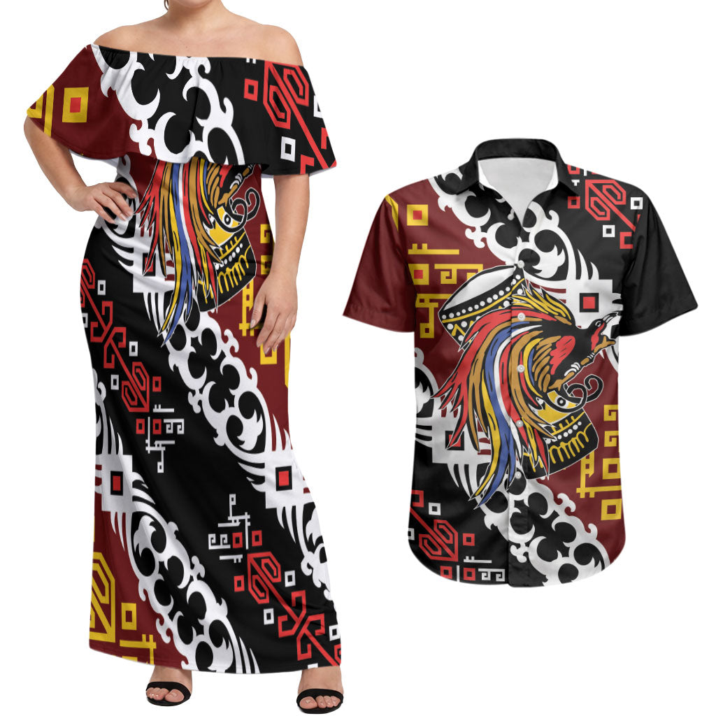 Personalised Papua New Guinea Bird Drum Couples Matching Off Shoulder Maxi Dress and Hawaiian Shirt Papuan Batik Motif