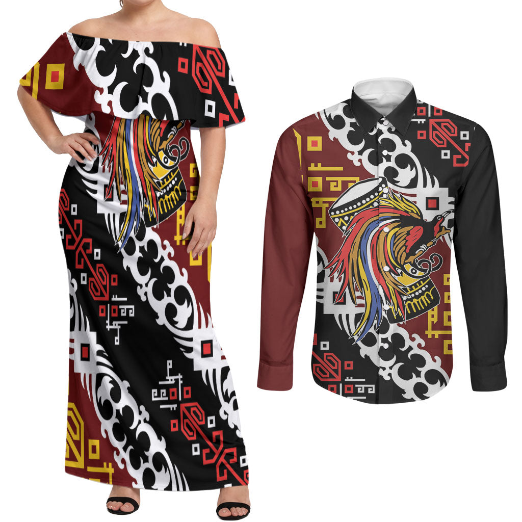 Personalised Papua New Guinea Bird Drum Couples Matching Off Shoulder Maxi Dress and Long Sleeve Button Shirt Papuan Batik Motif