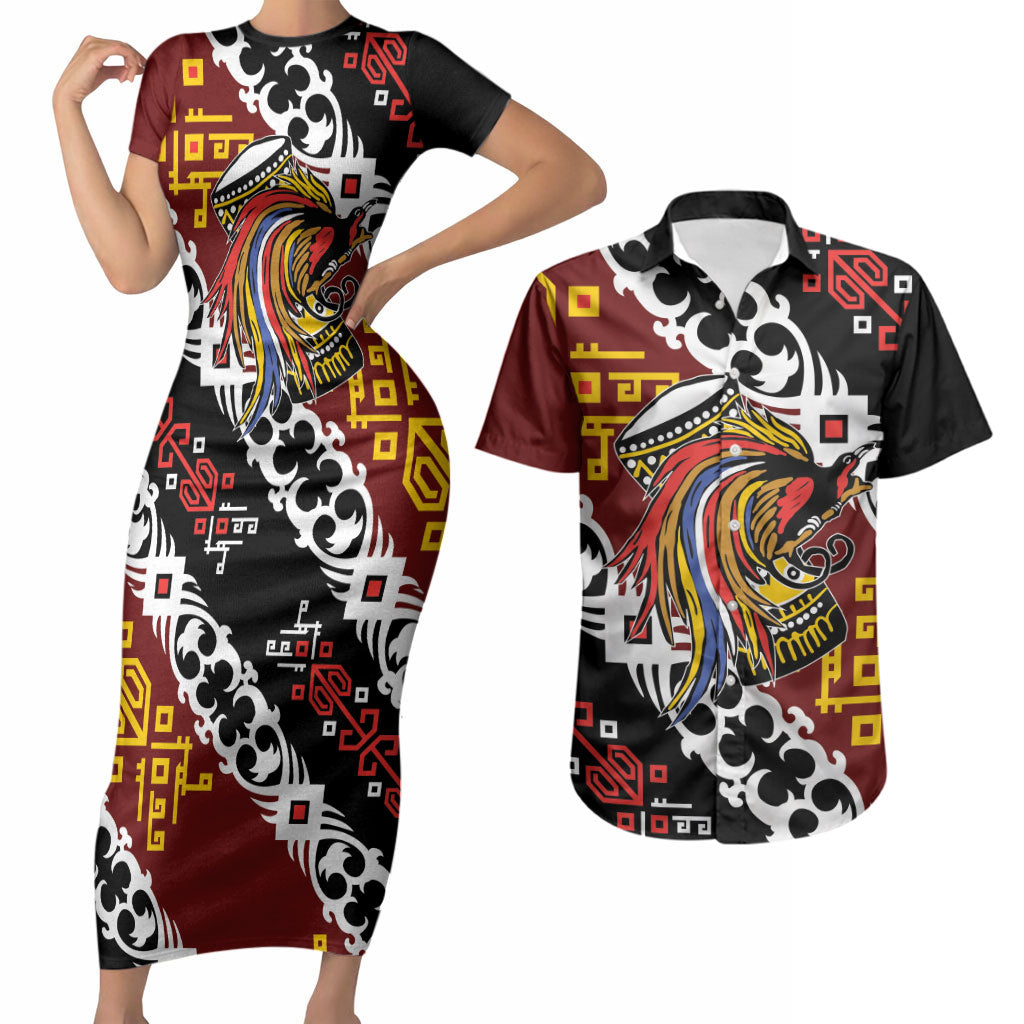 Personalised Papua New Guinea Bird Drum Couples Matching Short Sleeve Bodycon Dress and Hawaiian Shirt Papuan Batik Motif LT9 Black - Polynesian Pride