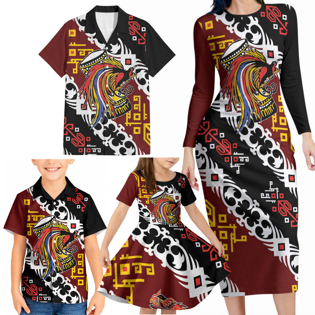 Personalised Papua New Guinea Bird Drum Family Matching Long Sleeve Bodycon Dress and Hawaiian Shirt Papuan Batik Motif LT9 - Polynesian Pride