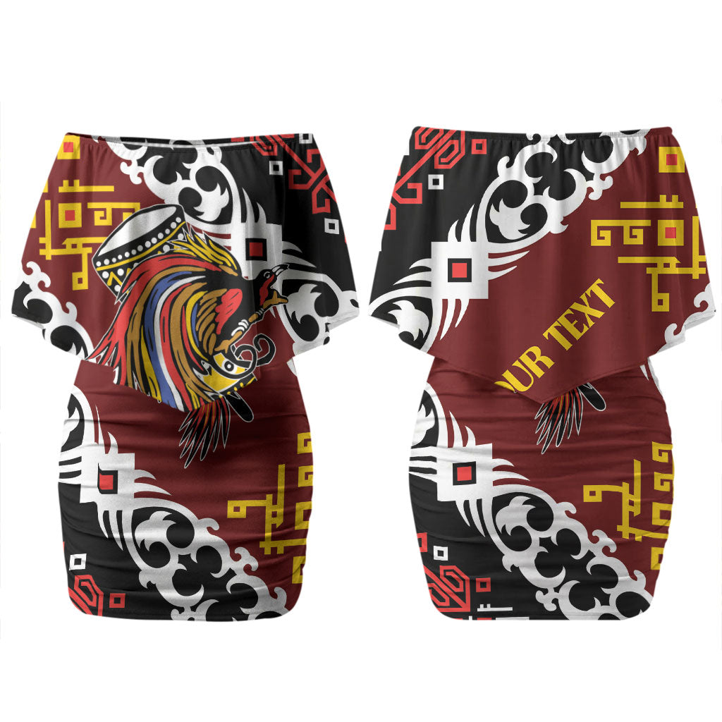 Personalised Papua New Guinea Bird Drum Family Matching Off Shoulder Short Dress and Hawaiian Shirt Papuan Batik Motif