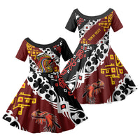 Personalised Papua New Guinea Bird Drum Family Matching Off Shoulder Short Dress and Hawaiian Shirt Papuan Batik Motif
