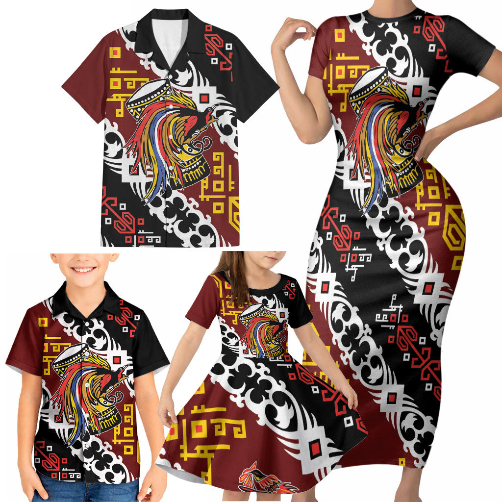 Personalised Papua New Guinea Bird Drum Family Matching Short Sleeve Bodycon Dress and Hawaiian Shirt Papuan Batik Motif