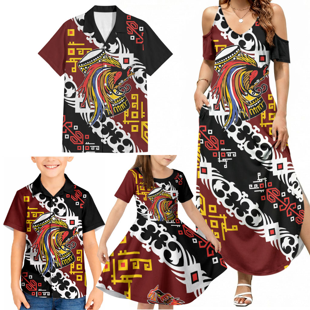 Personalised Papua New Guinea Bird Drum Family Matching Summer Maxi Dress and Hawaiian Shirt Papuan Batik Motif