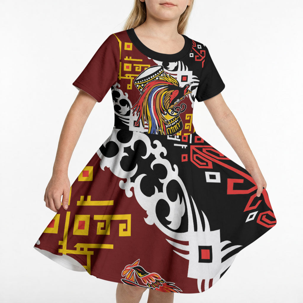 Personalised Papua New Guinea Bird Drum Kid Short Sleeve Dress Papuan Batik Motif