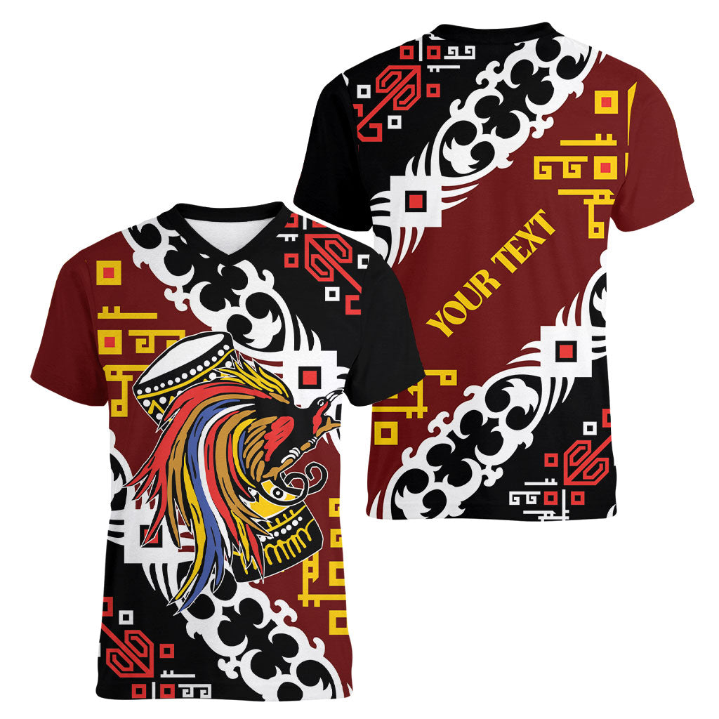 Personalised Papua New Guinea Bird Drum Women V-Neck T-Shirt Papuan Batik Motif