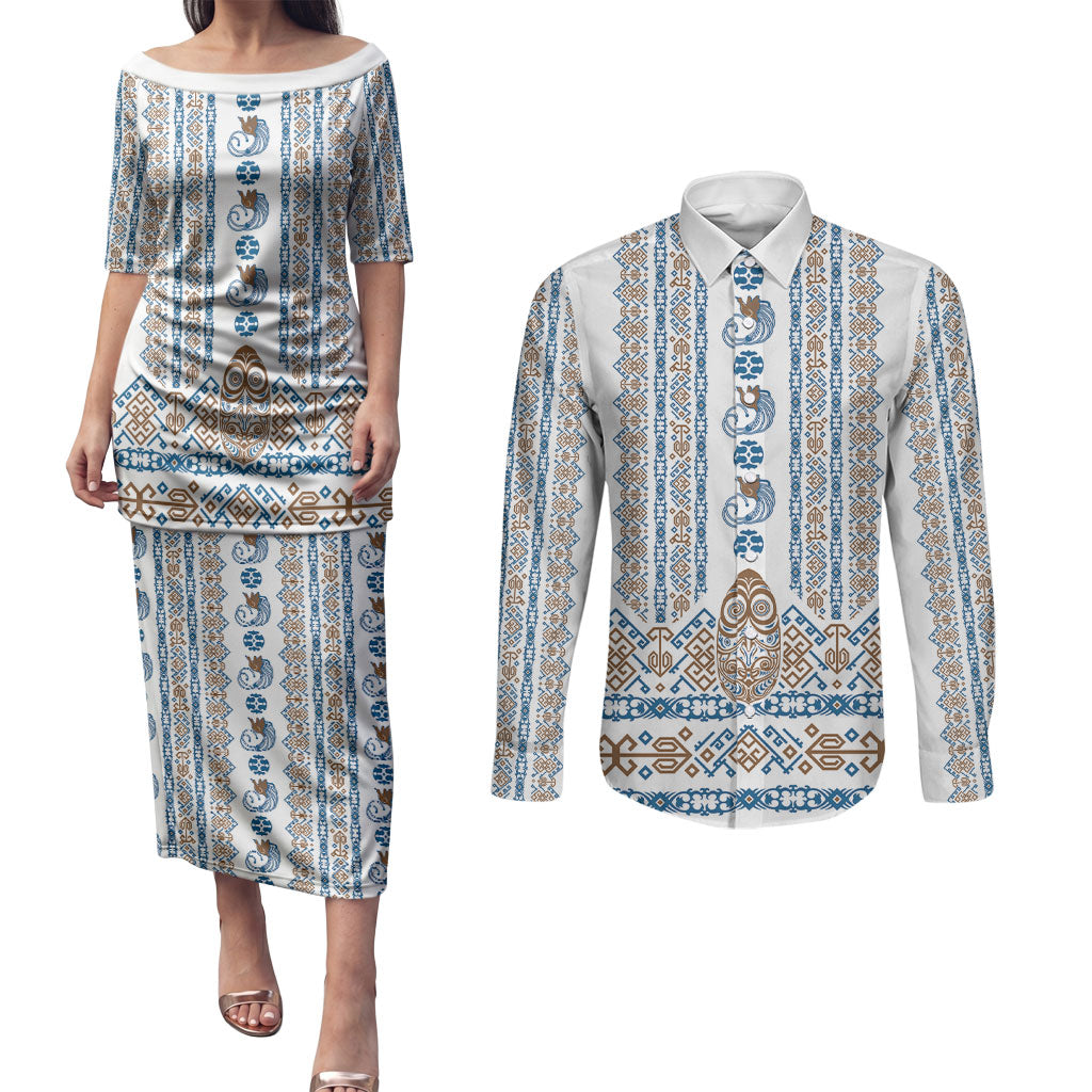 Personalised Papua New Guinea Bird Ethnic Couples Matching Puletasi and Long Sleeve Button Shirt Papuan Batik Inspired Pattern