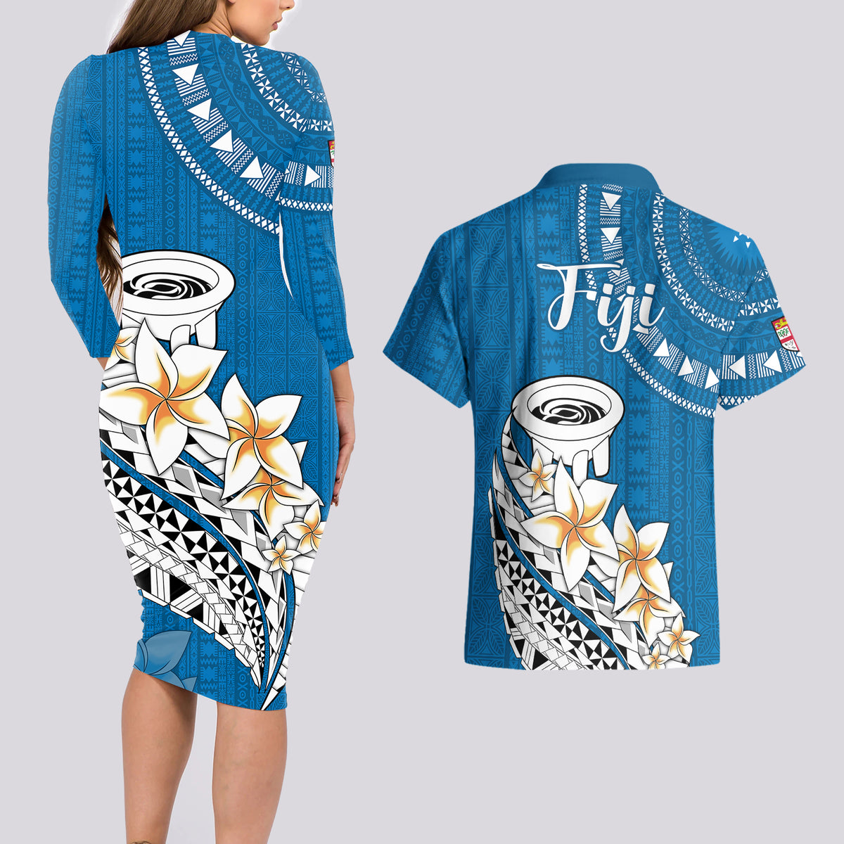Bula Fiji Couples Matching Long Sleeve Bodycon Dress and Hawaiian Shirt Kava Bowl Tapa Tribal LT9 - Polynesian Pride