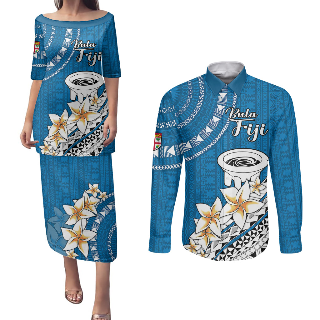 Bula Fiji Couples Matching Puletasi Dress and Long Sleeve Button Shirts Kava Bowl Tapa Tribal LT9 Blue - Polynesian Pride