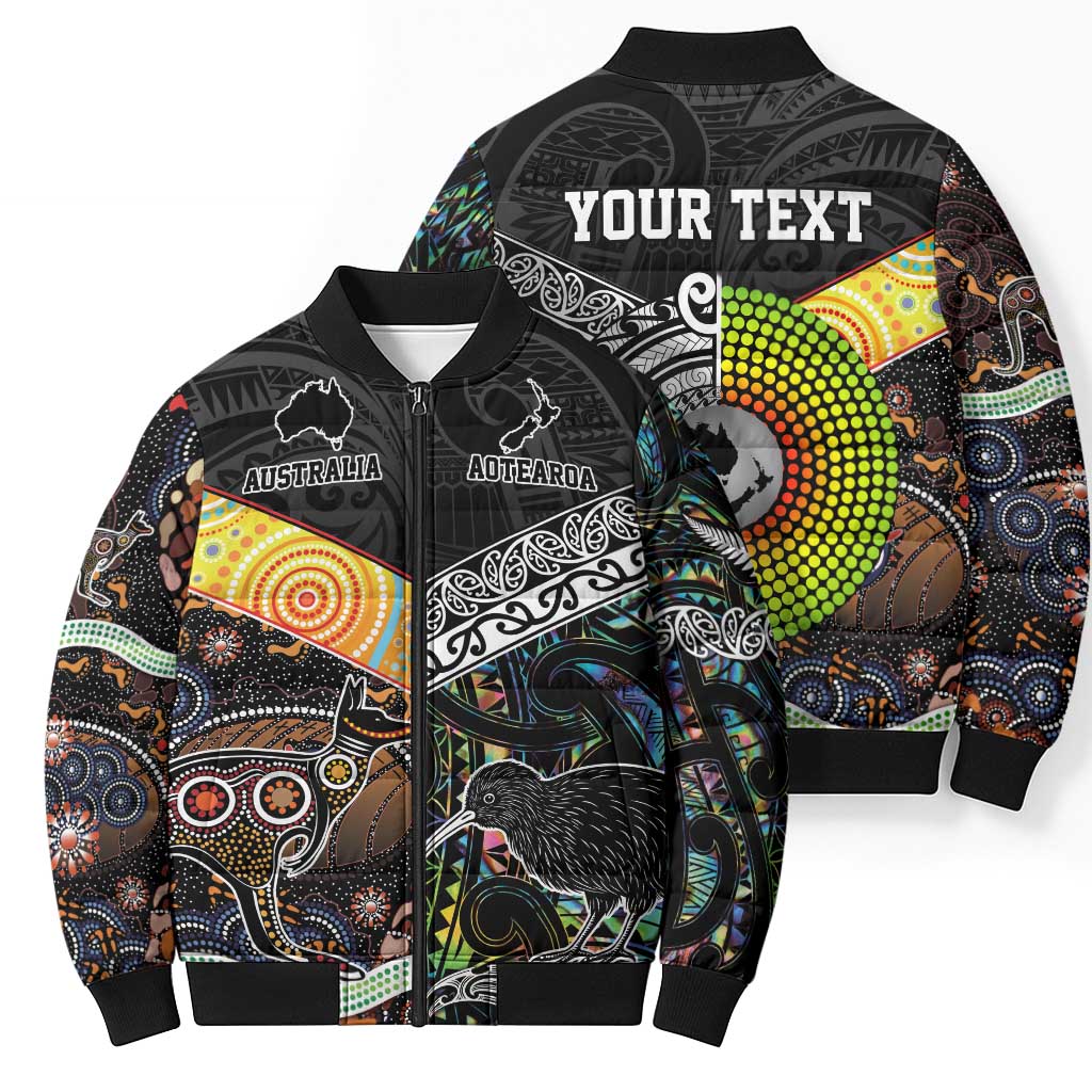 Australia New Zealand Personalised Bomber Puffer Jacket Maori Aboriginal Art Style - Polynesian Pride