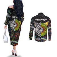 Personalised New Zealand and Australia Couples Matching Off The Shoulder Long Sleeve Dress and Long Sleeve Button Shirt Maori Mix Aboriginal Art Style LT9 - Polynesian Pride
